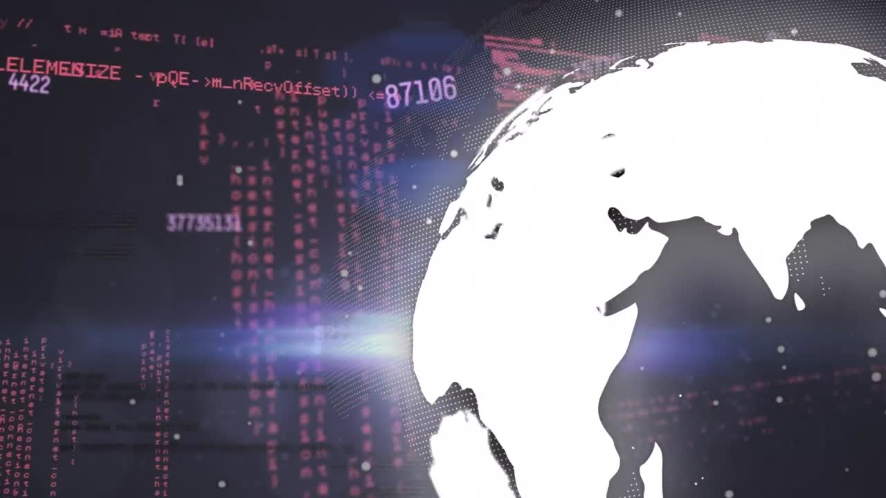 animación de globo y pantalla digital con datos y números en fondo negro