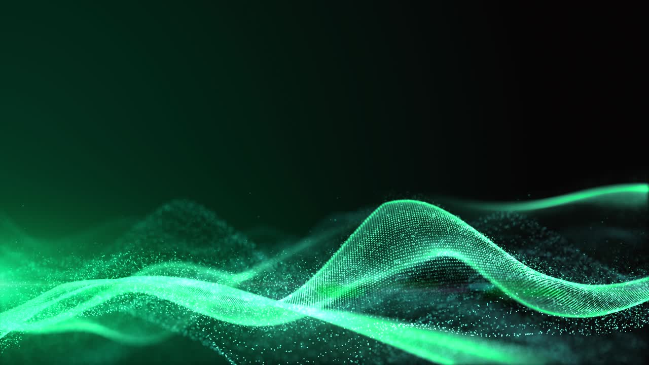 Digital cyberspace futuristic, Green color particles wave flowing with bokeh and light, Lines and dots connection abstract background.
