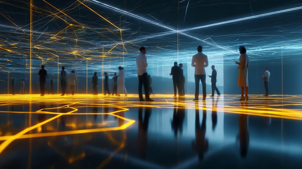 A vibrant digital landscape showcases a gathering of people illuminated by glowing lines and reflective surfaces, symbolizing connection, technology, and innovative ideas in a modern environment