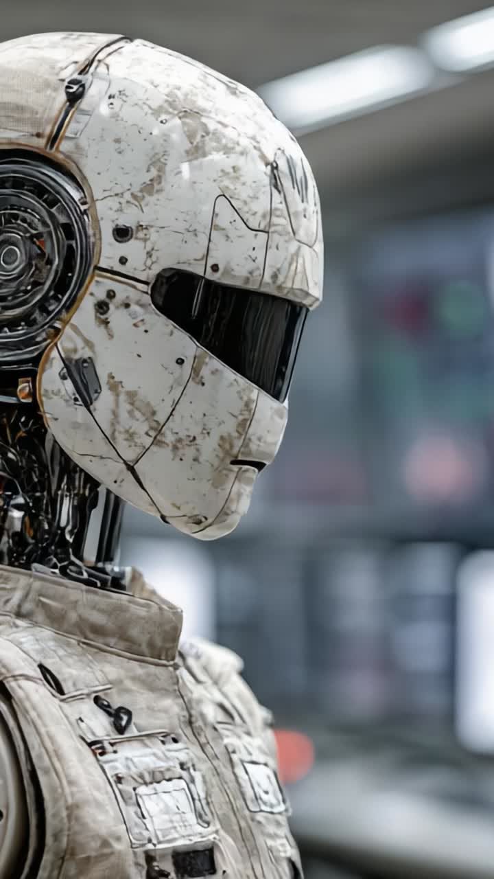 A Futuristic Robot's Journey: A Close-Up Exploration of an Advanced Android with a Unique Exoskeleton and Distinctive Features