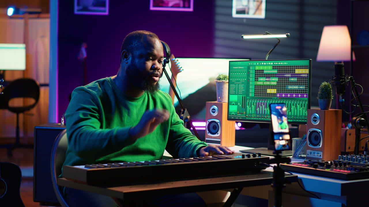 profesor de piano organizando lecciones en línea para todos los principiantes personas en las redes sociales