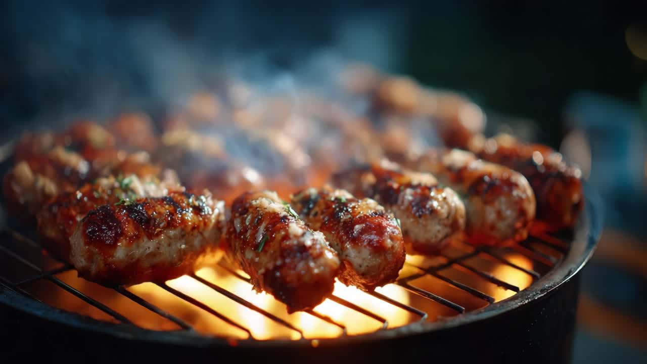 Salsicce che Sfrigolano su una Griglia, Catturando l'Essenza del Barbecue con Fumo che si Leva e Fiamme che Danzano Intorno, Ideali per Raduni Estivi e il Piacere Culinario.