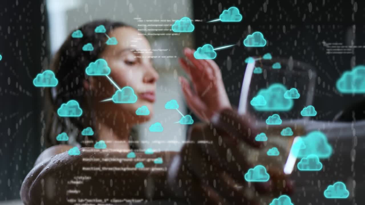 Woman holding glass in tub as data starting, touching forehead, cloud icons forming, showing tech