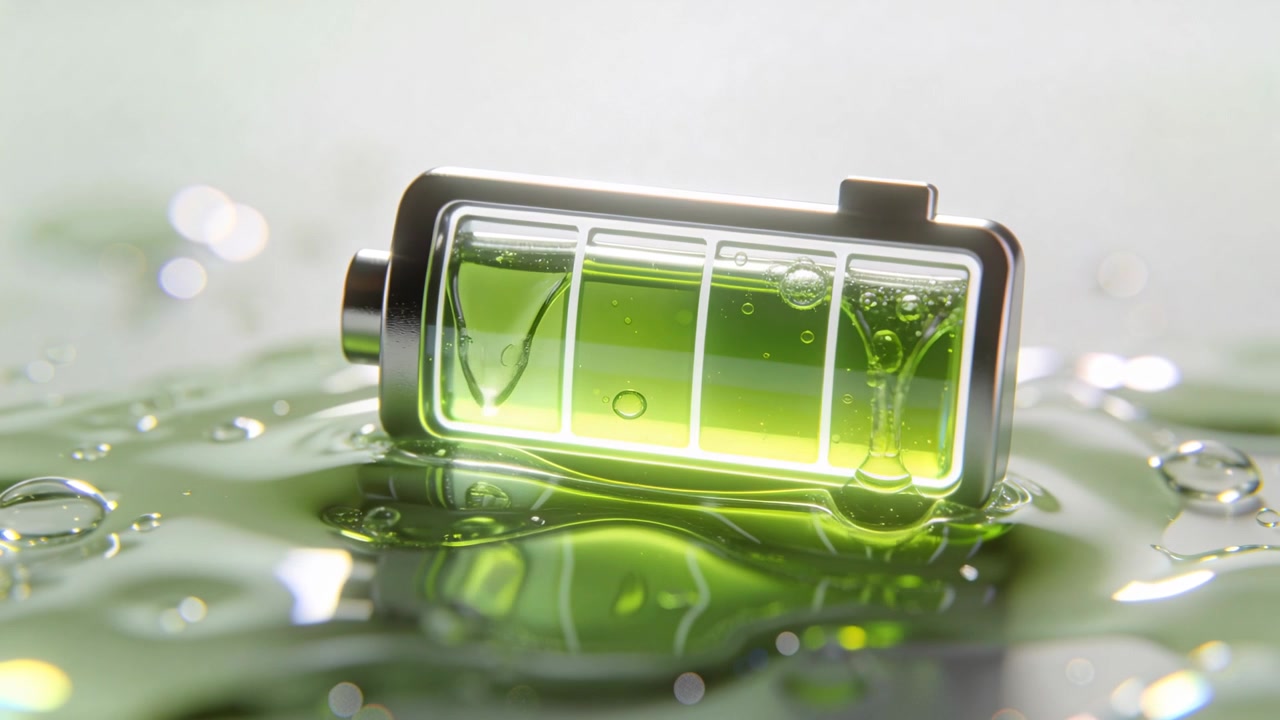 Indicador de batería cambiante mostrando una burbuja verde interior creciendo y un filamento ascendiendo sobre una mesa de estudio.