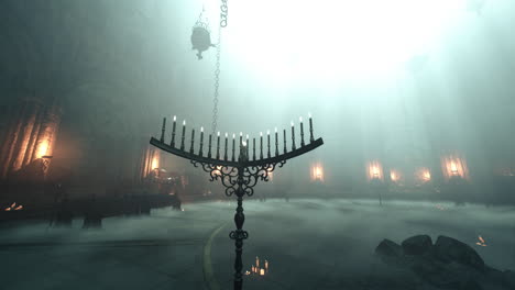 dark and foggy church interior with candelabra