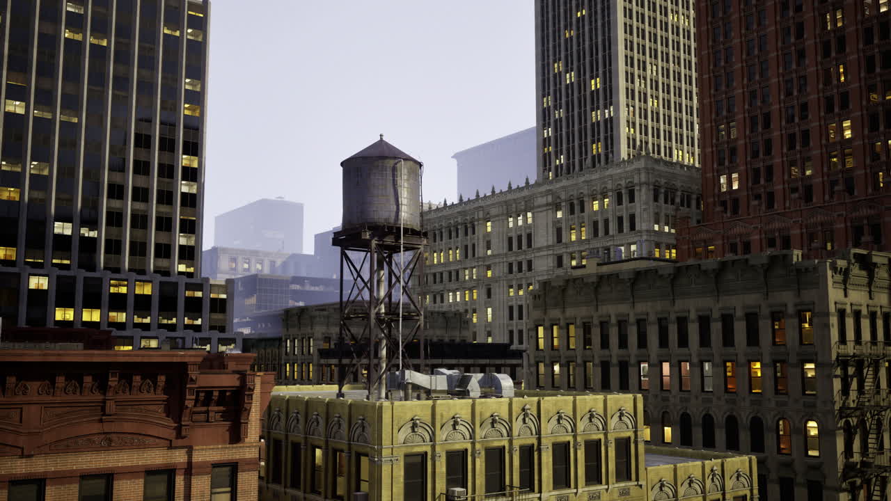 Historic water tower stands amidst urban skyline at dusk in a busy city