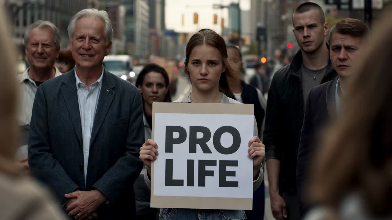 Starter en demonstration i midtbyen, teenager holder et PRO LIFE-skilt på gaden, voksne i jakker gestikulerer