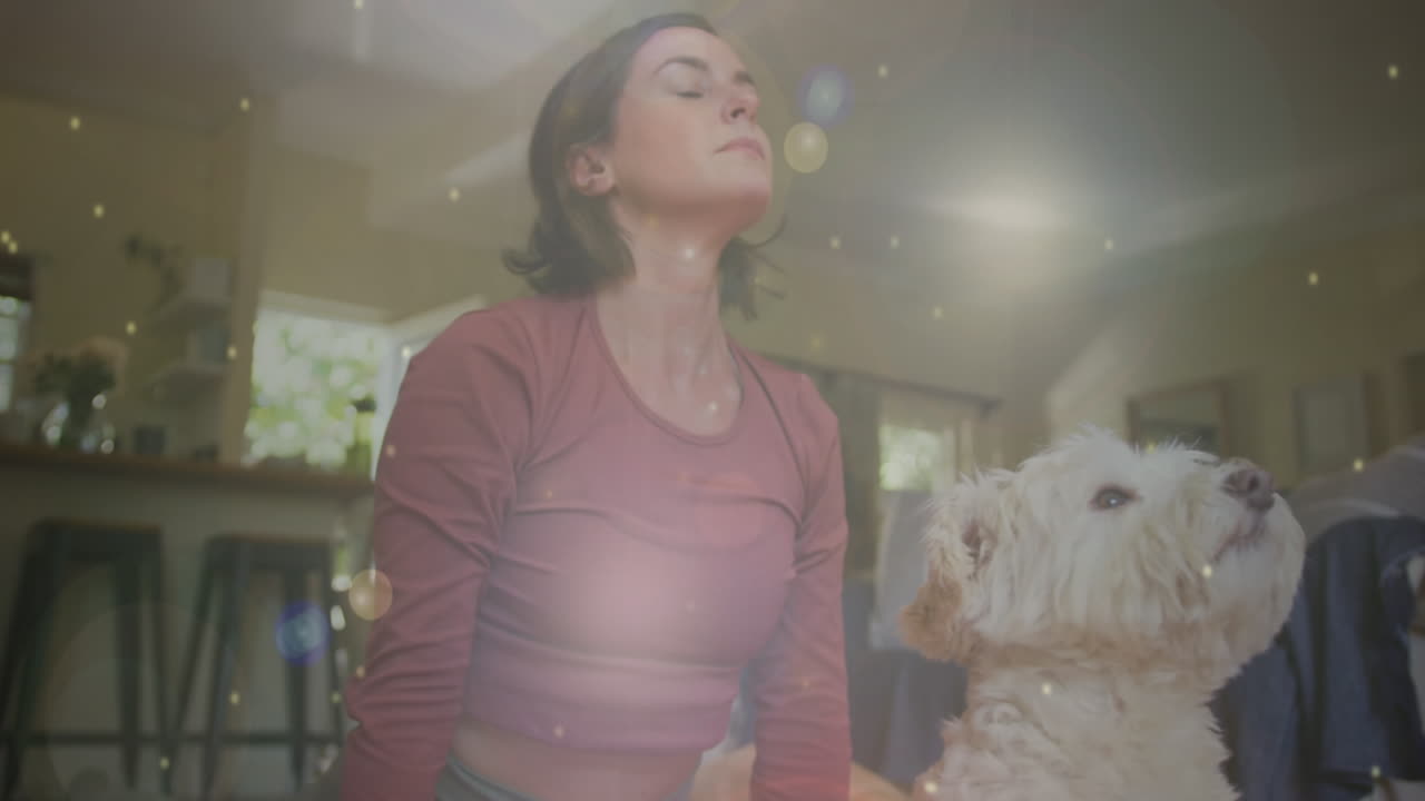punto de luz contra una mujer caucásica realizando yoga mientras su perro está sentado a su lado en casa