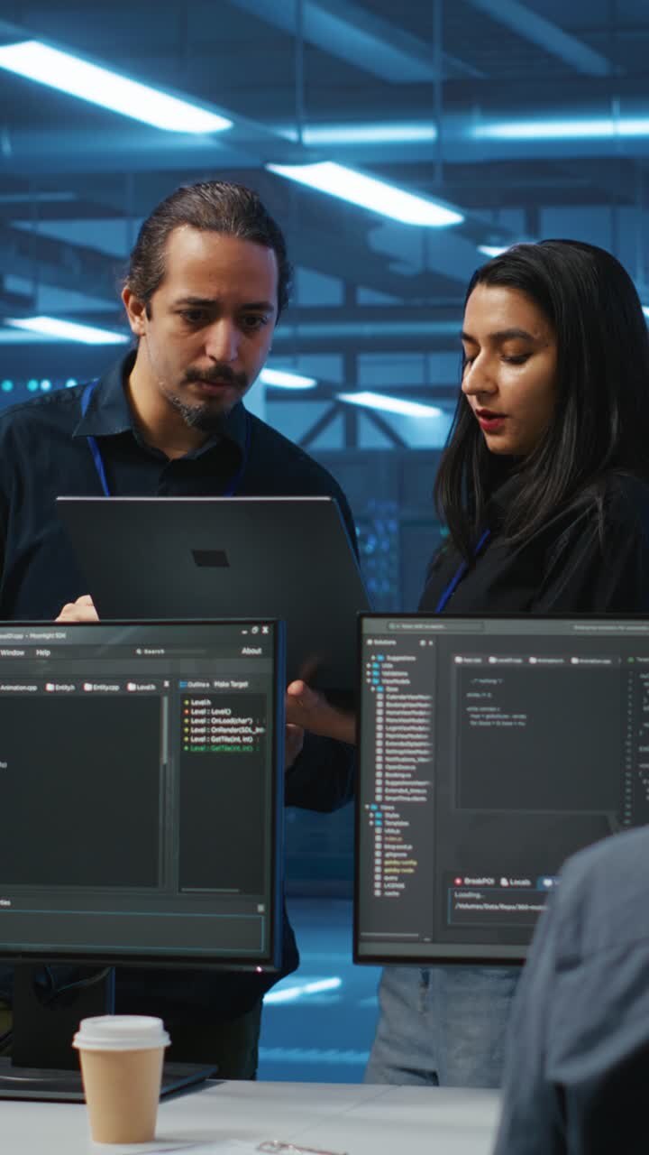 IT-ingeniører samarbejder om softwareudvikling i datacenter