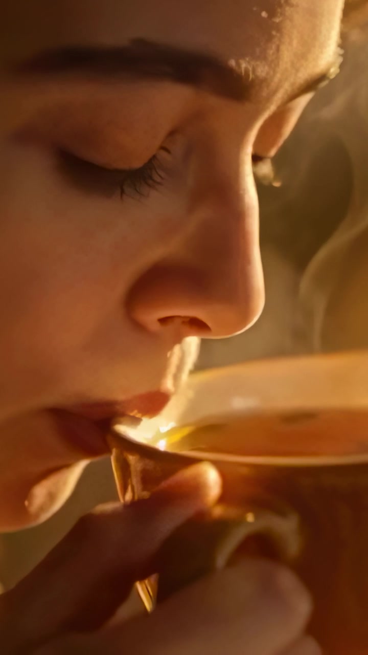Video verticale: Donna di profilo destro che sorseggia tè per riscaldarsi a casa, tenendo il manico della tazza
