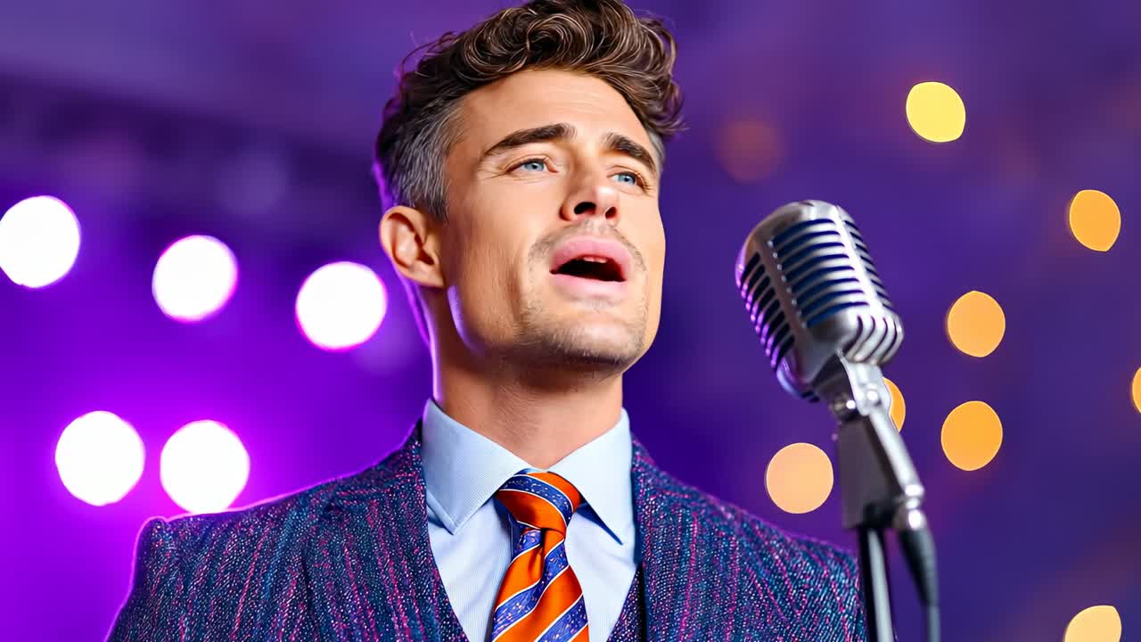 Cantante sul palco di notte. Un uomo sta di fronte a un microfono e canta sotto luci brillanti a un evento musicale serale.