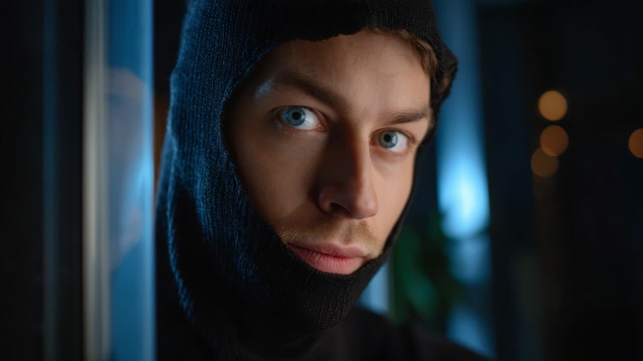 A masked figure peers through a dimly lit environment, showcasing intense blue eyes and a focused expression that suggests intrigue and mystery