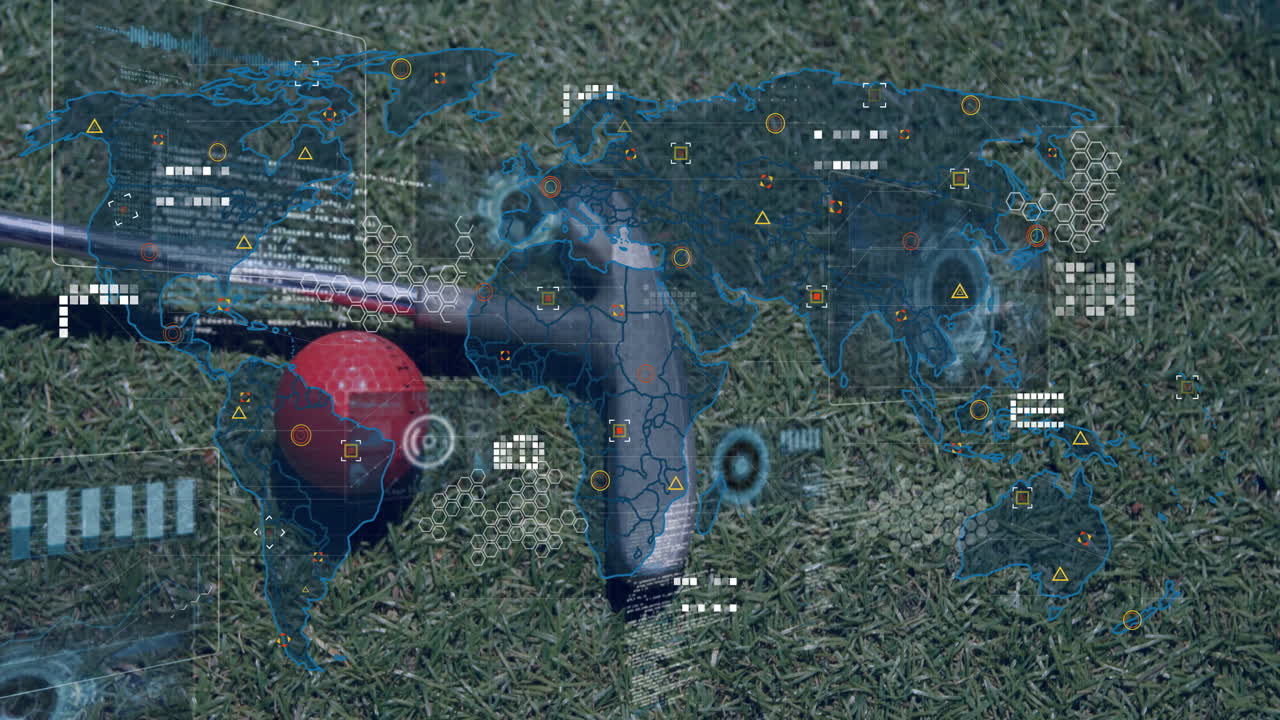 Red golf ball and putter head spinning over green grass under glowing world map HUD overlay