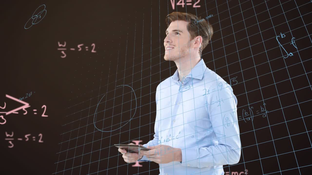 Animation of businessman wearing vr headset over screens with medical data processing