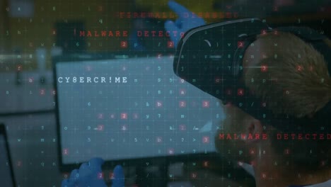 Animation-of-cyber-attack-warning-over-scientist-with-vr-headset