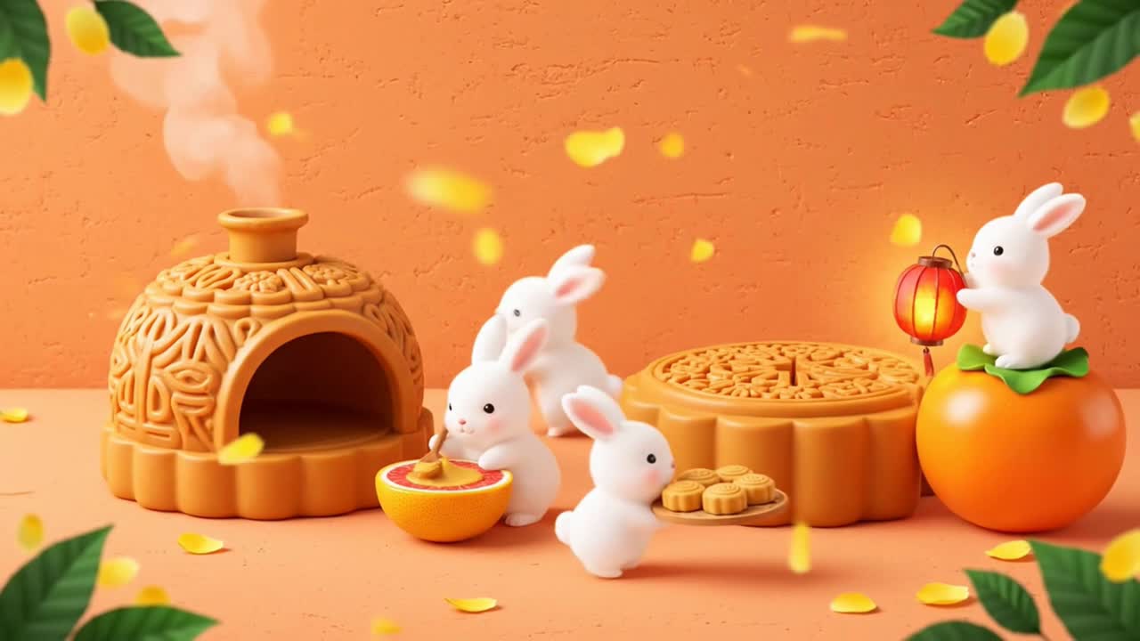 Cute Rabbits Celebrating Mid-Autumn Festival with Mooncakes and a Stove
