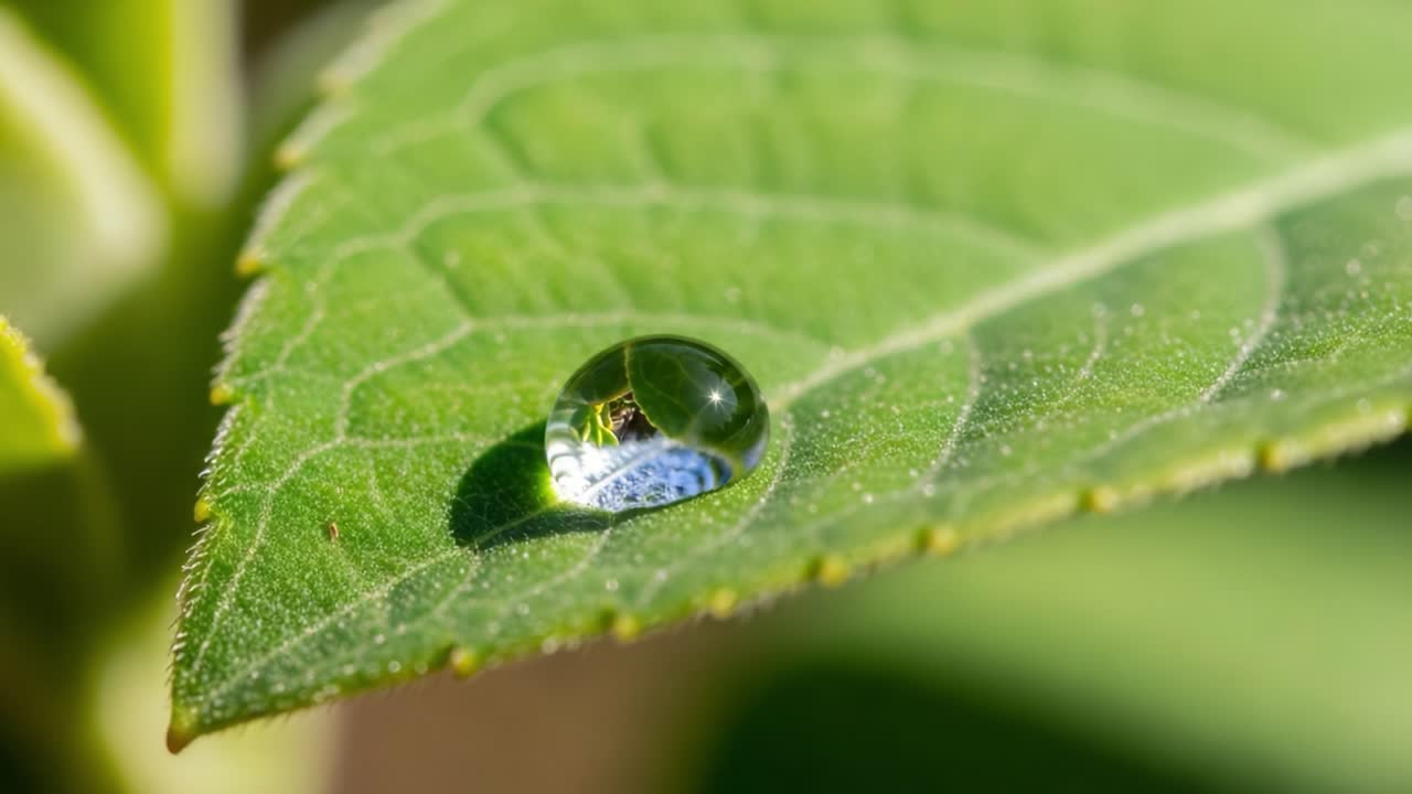 Captured in Nature: A Close-Up View of a Water Droplet Resting on a Vibrant Green Leaf, Reflecting Its Surroundings in Stunning Detail