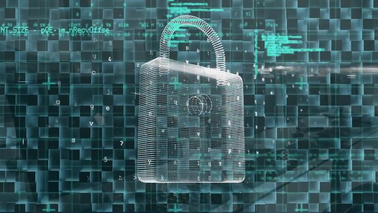 Animation of digital padlock and data processing over computers in office