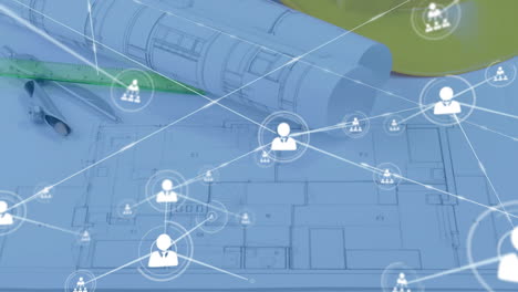 animation of network of people icons over calculator and blueprints on desk