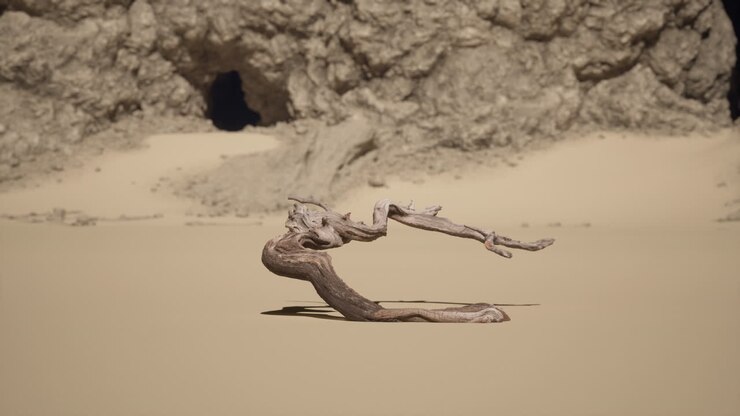 A lone dead tree in a desert landscape
