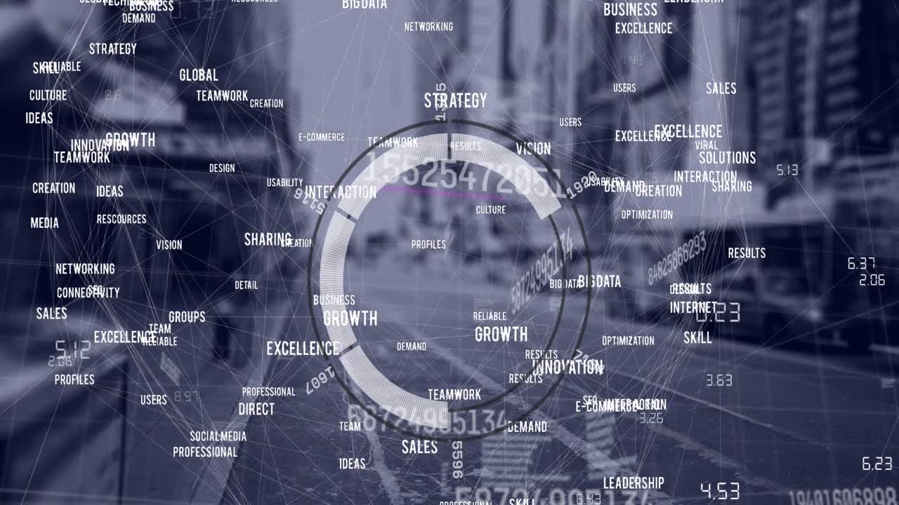 도시 풍경 위의 좌표를 가진 연결 네트워크의 애니메이션