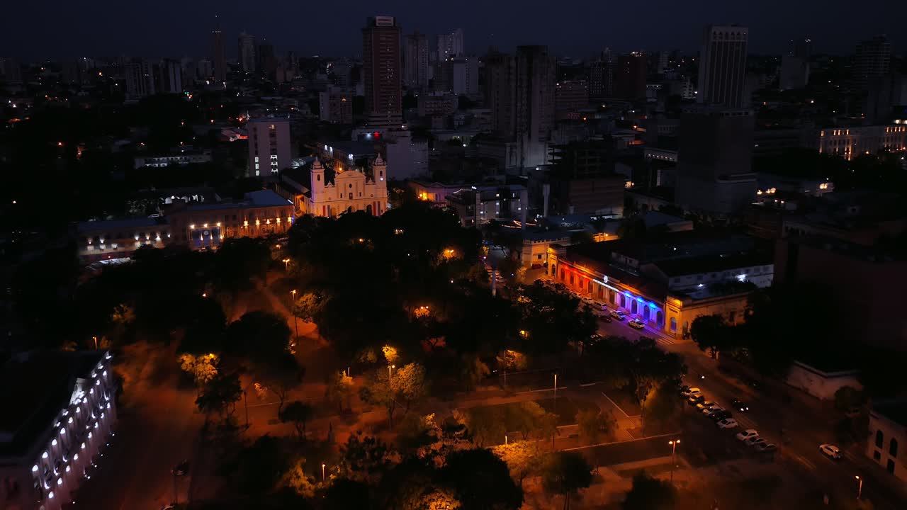 Plaza Juan de Zalazar With Asuncion Cathedral At Night In Asuncion, Paraguay. - aerial shot
