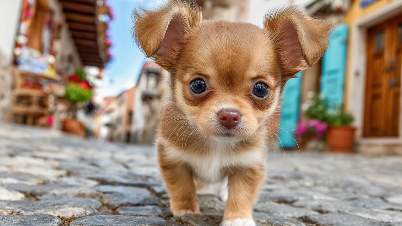 Charming Chihuahua Puppy Adventuring Through Quaint Cobblestone Streets in a Picturesque Town, Capturing Heartwarming Moments of Innocence and Curiosity