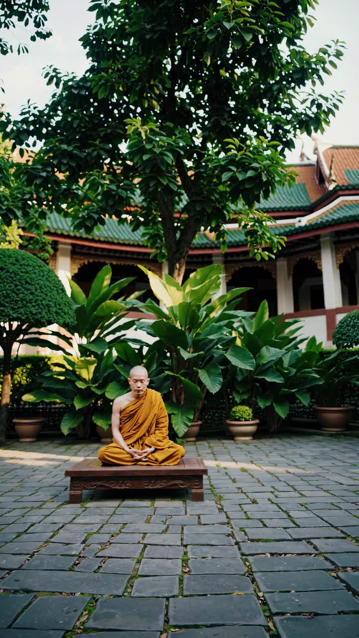A serene video scene of a monk meditating on a wooden bench, captured from a low angle