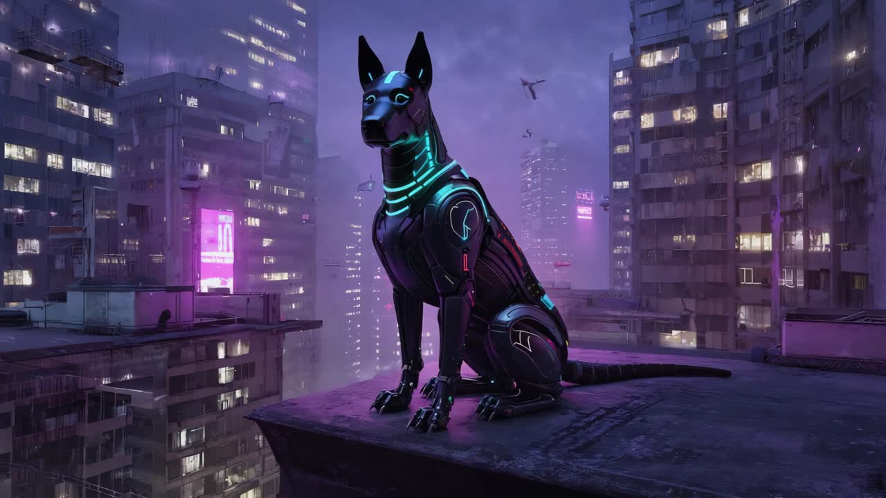 Cyberpunk-robothund i en futuristisk by