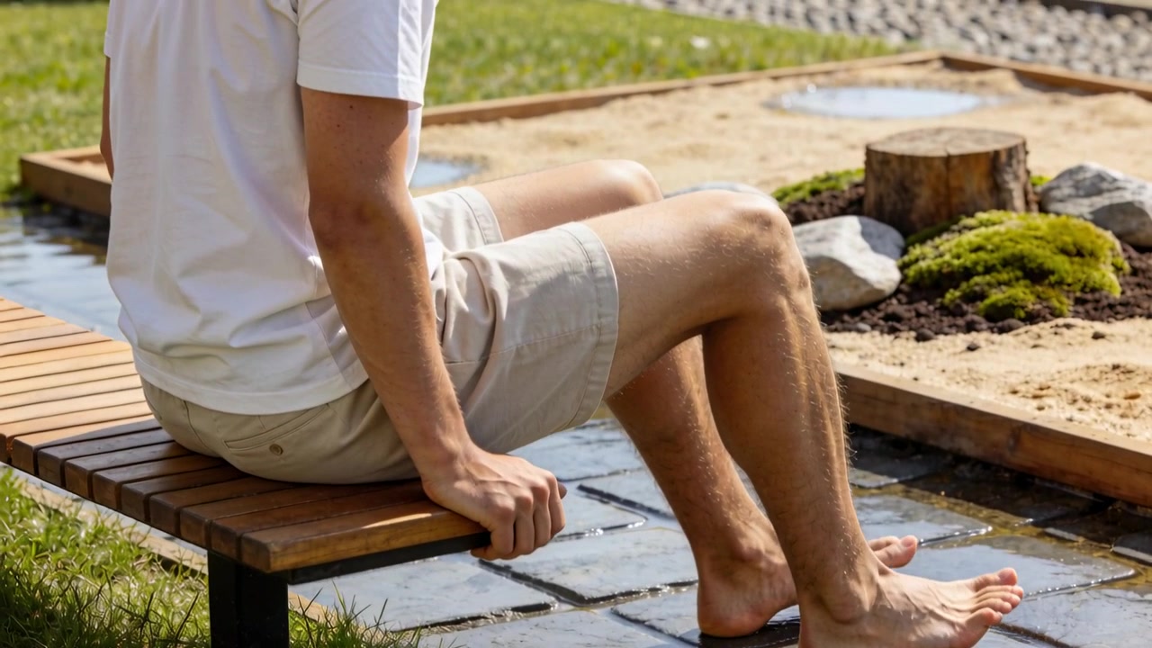 Uomo in camicia bianca che si sposta, scivolando a piedi nudi su lastre bagnate vicino a una panchina dopo essersi seduto, mantenendo l'equilibrio.