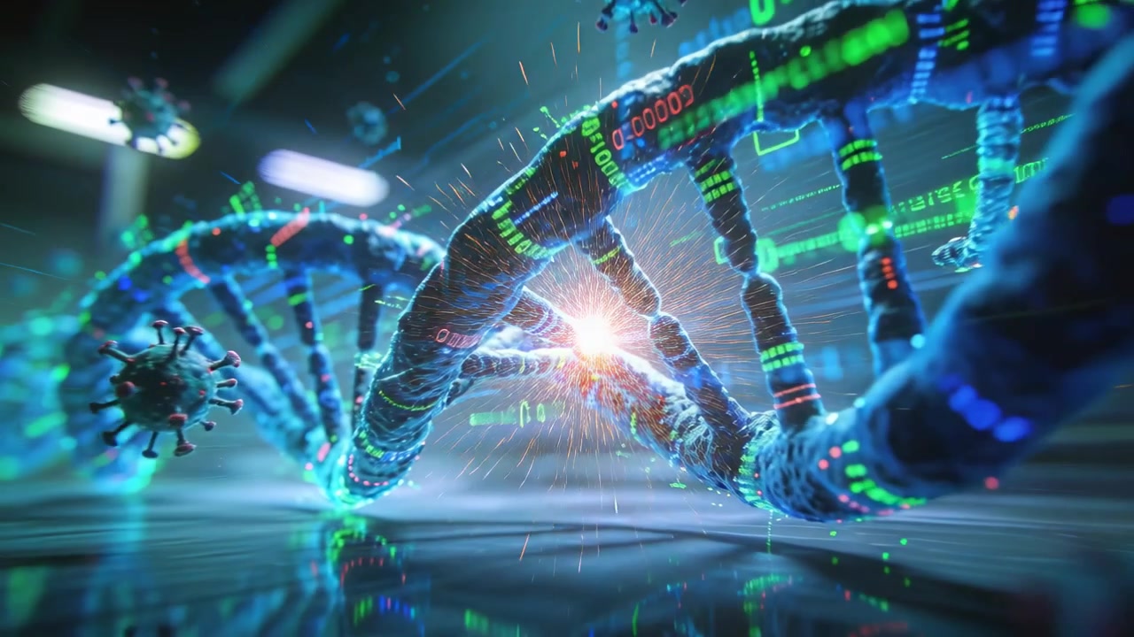 Telecamera che avanza seguendo una doppia elica di DNA luminosa in laboratorio, rivelando un bagliore di contatto con dati di virus.