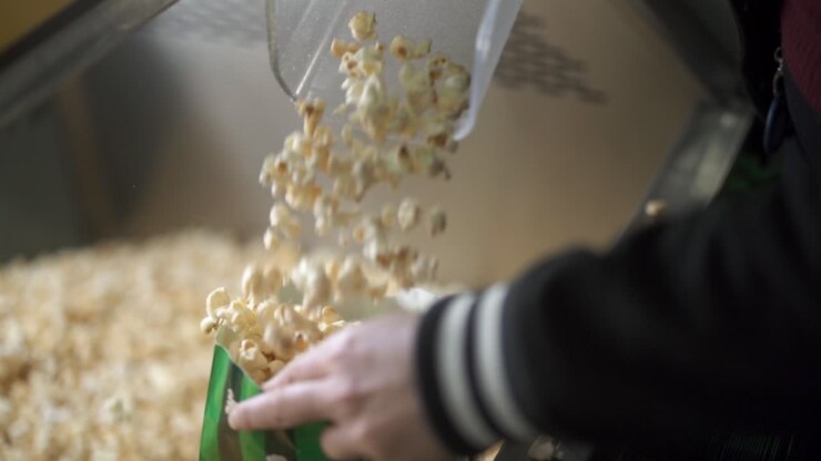 Popcorn versati in un sacchetto e serviti in un cinema al rallentatore.