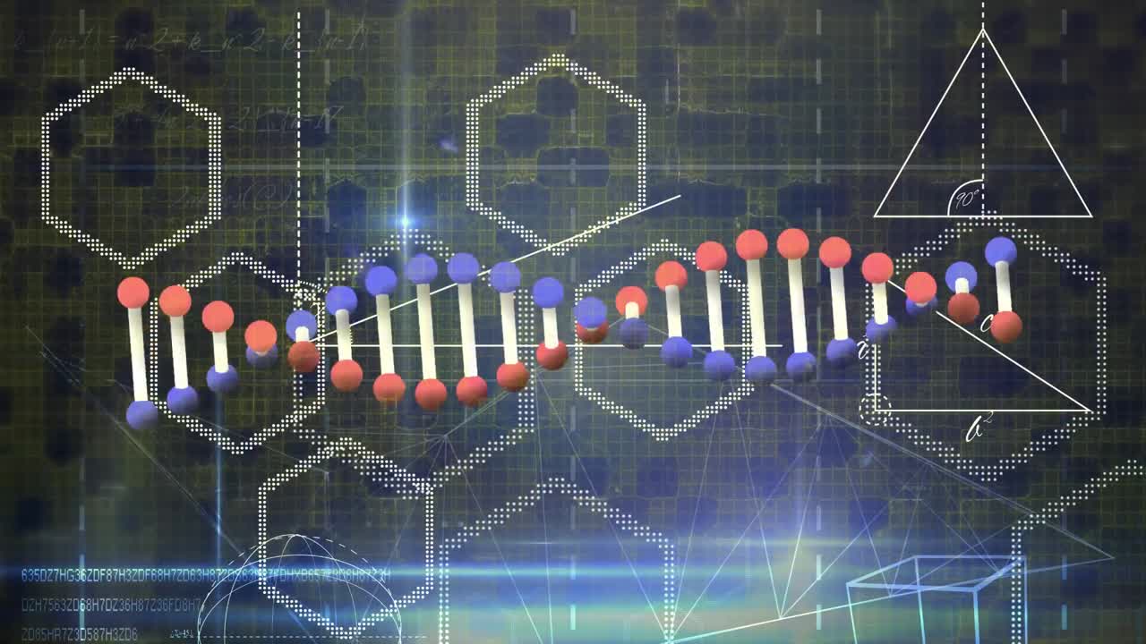 animación de la cadena de adn sobre formas en fondo negro