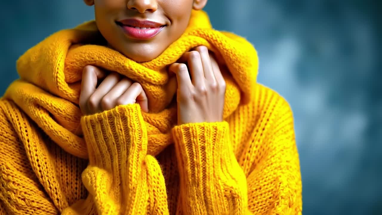 A woman wearing a yellow sweater and a yellow scarf