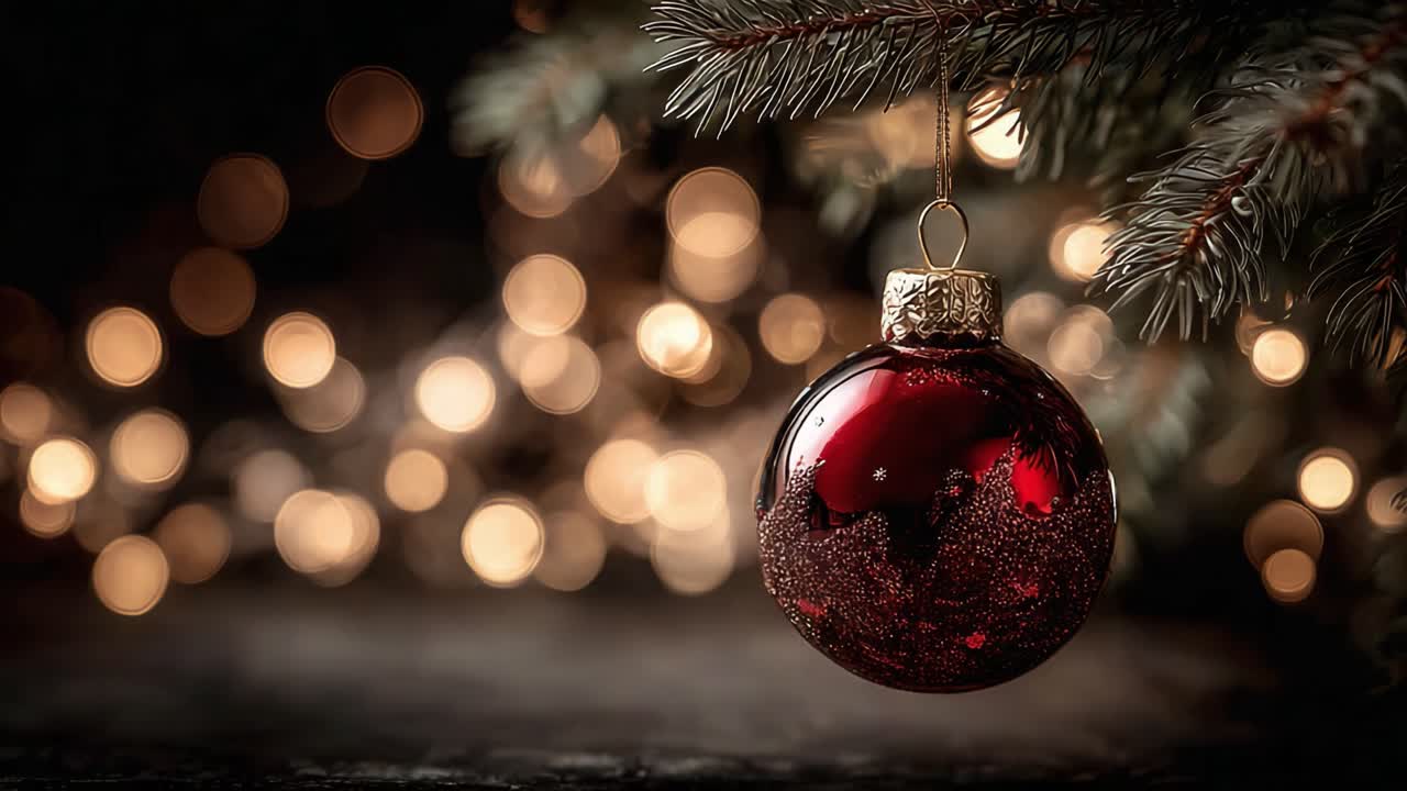 Una scintillante decorazione natalizia rossa è appesa con eleganza a un ramo di pino, catturando lo spirito stagionale con allegri effetti bokeh sullo sfondo