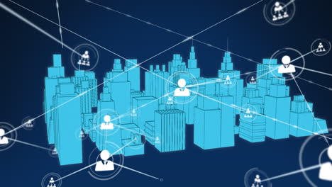 animación de la red de conexiones con iconos sobre el paisaje urbano digital sobre fondo negro
