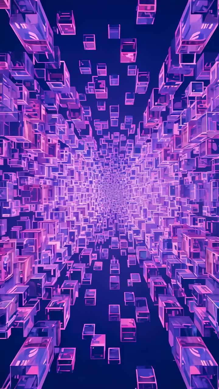 Vertical video: Starting playback, camera gliding through neon cube tunnel toward vanishing point