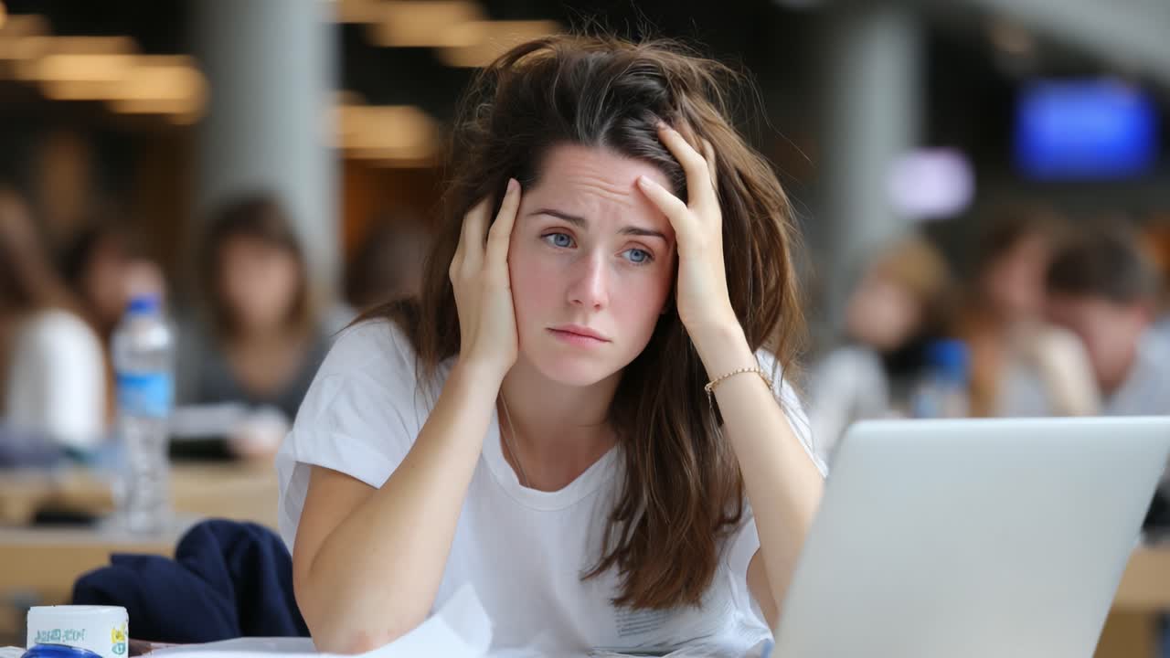 A Female Student Experiencing Stress and Frustration While Studying at a Library, Struggling with Her Work and Coping with Academic Pressure