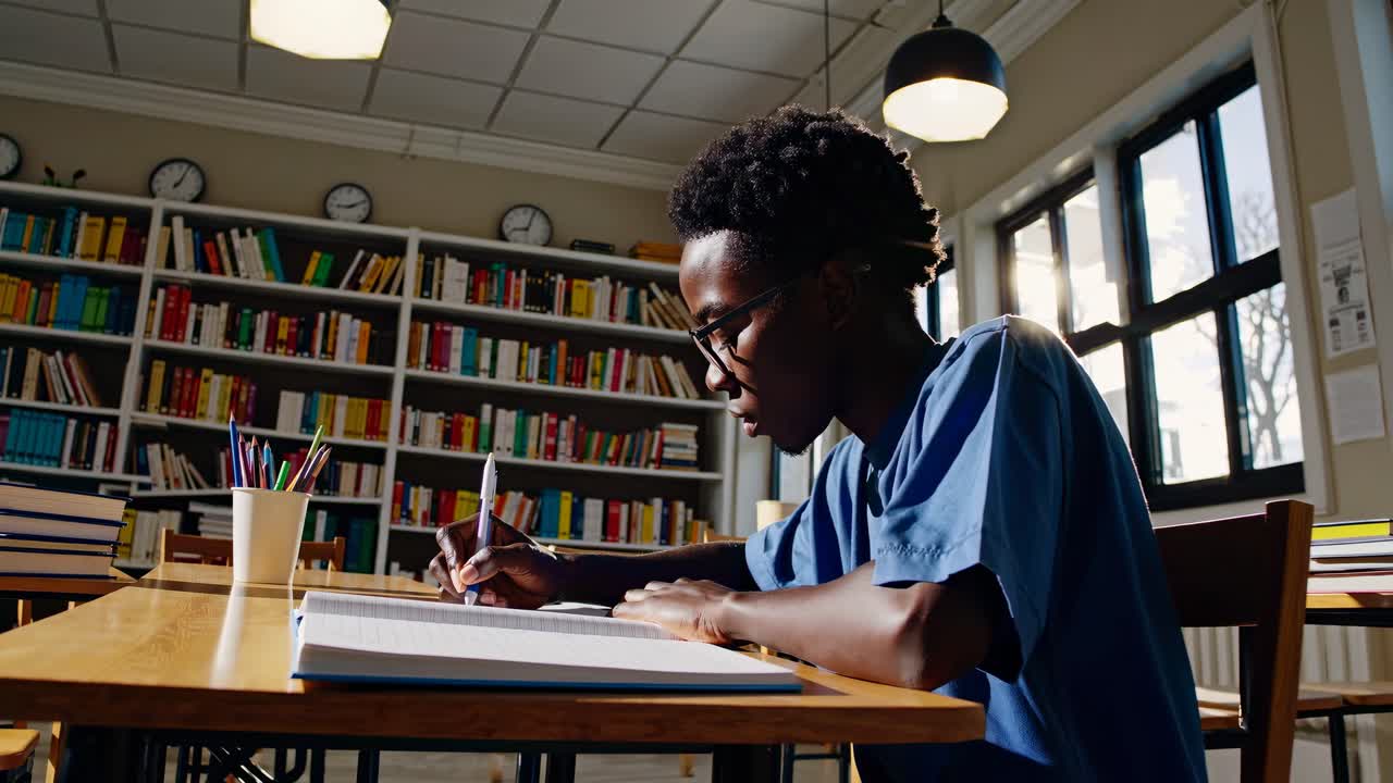 A student studies in a sunlit library, captured from a side angle