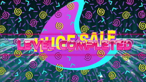 animation of level completed text between lines against abstract pattern and shape in background