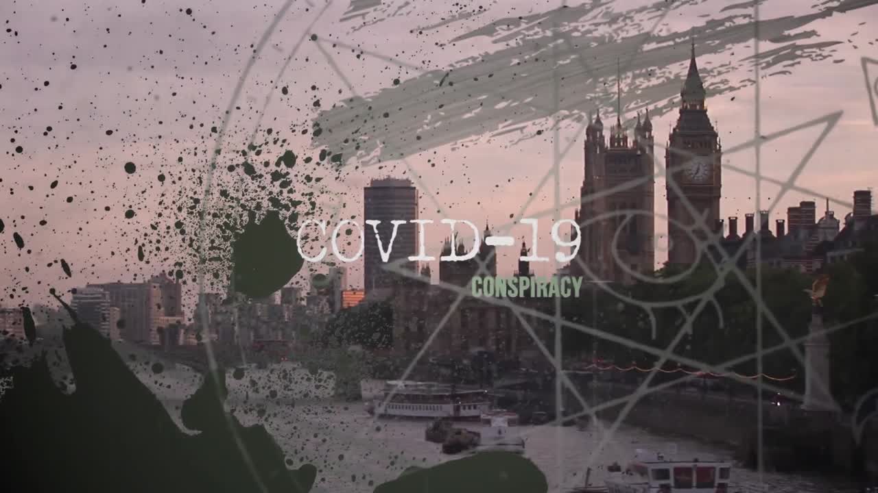 도시 풍경 위의 그래픽과 함께 코로나 19 텍스트의 애니메이션