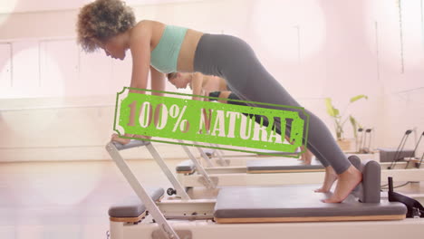 exercising on pilates reformer, people with 100% natural text animation over