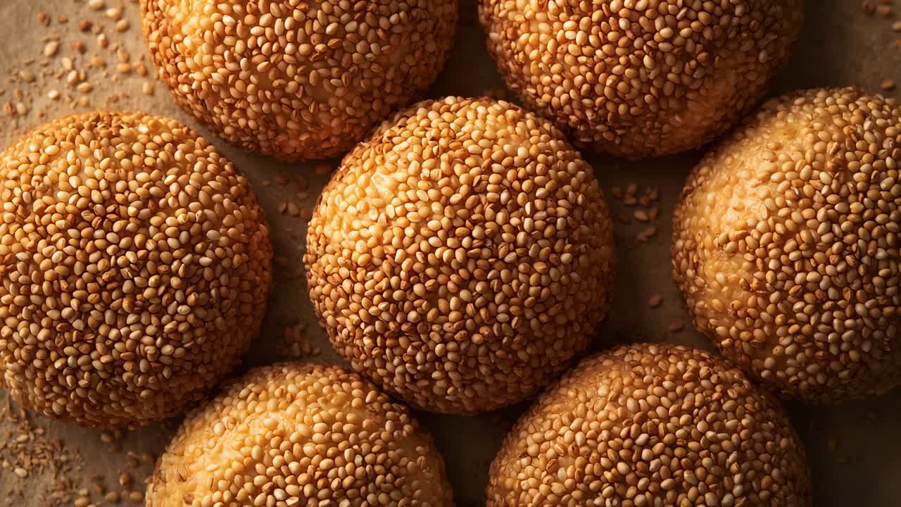 Căn giữa khung hình bánh mè, lấy nét chính trong khi máy ảnh zoom nhẹ trên khay với các hạt mè rời.