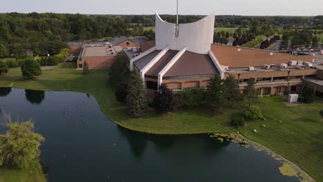 Massive-Christian-church-in-Michigan,-aerial-drone-view