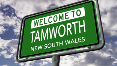 Welcome-to-Tamworth,-New-South-Wales,-Australia,-City-Road-Sign,-Realistic-3D-Animation