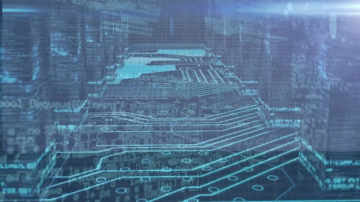 Animation of data processing over glowing computer circuit board