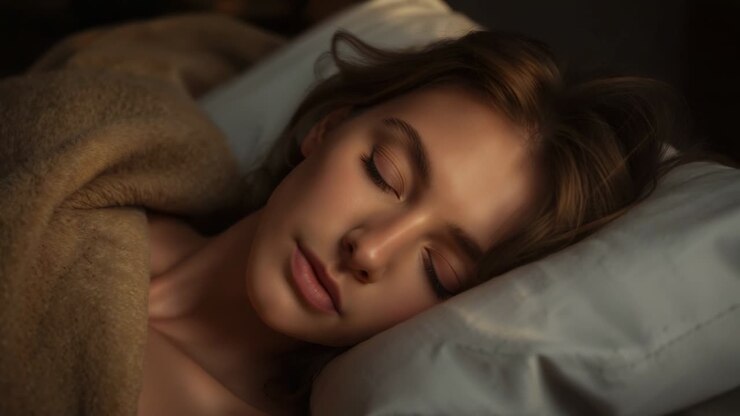 Donna adulta distesa su un fianco a letto, con una luce soffusa da comodino che concilia il sonno e facilita la respirazione, coperta beige, cuscino