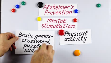 presentation about different ways of mental stimulation as a way a prevention alzheimer's disease on a white magnetic board