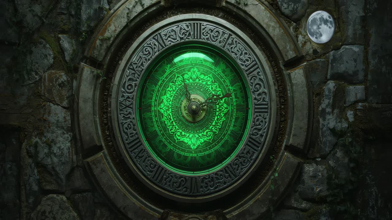 Ancient Clock with Magical Green Glow