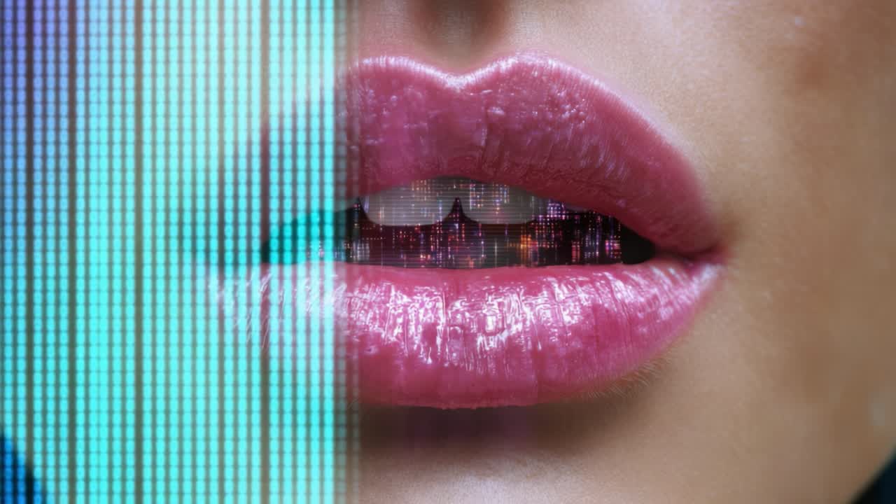 Un primo piano accattivante di labbra lucide con motivi digitali che fondono tecnologia e bellezza in un'estetica futuristica.